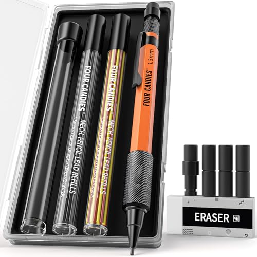Four Candies 1.3mm Mechanical Pencil Set with 24 Lead Refills, Metal Weatherproof Heavy Duty Outdoor Carpenter Pencil, Eraser, 6 Eraser Refills for Architect Drafting Woodworking Marking with Case - Image 1