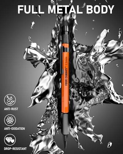 Four Candies 1.3mm Mechanical Pencil Set with 24 Lead Refills, Metal Weatherproof Heavy Duty Outdoor Carpenter Pencil, Eraser, 6 Eraser Refills for Architect Drafting Woodworking Marking with Case - Image 3