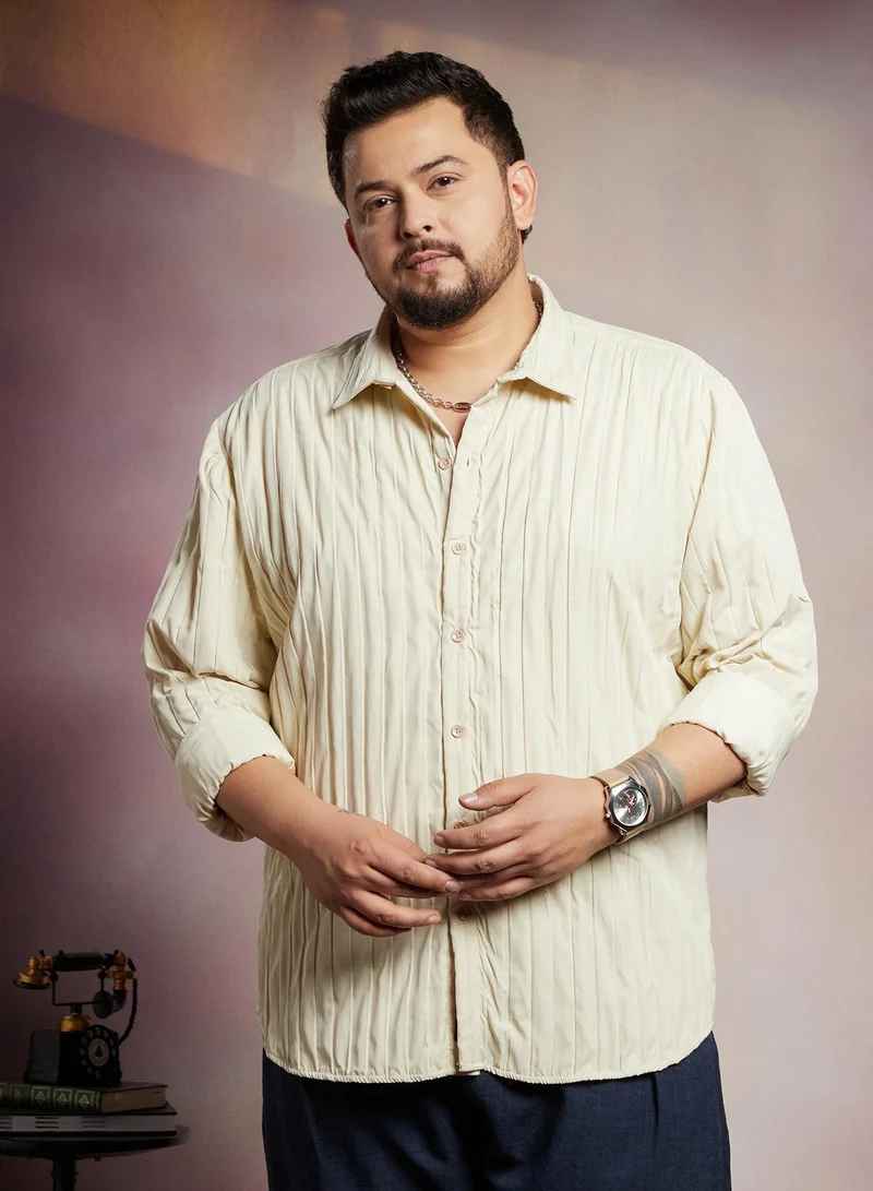 Instafab Plus Instafab Plus Men's Cream White Quilt-Tactile Shirt For Casual Wear | Spread Collar | Long Cuffed Sleeves | Button Closure | Plus Size Shirt Crafted With Comfort Fit For Everyday Wear