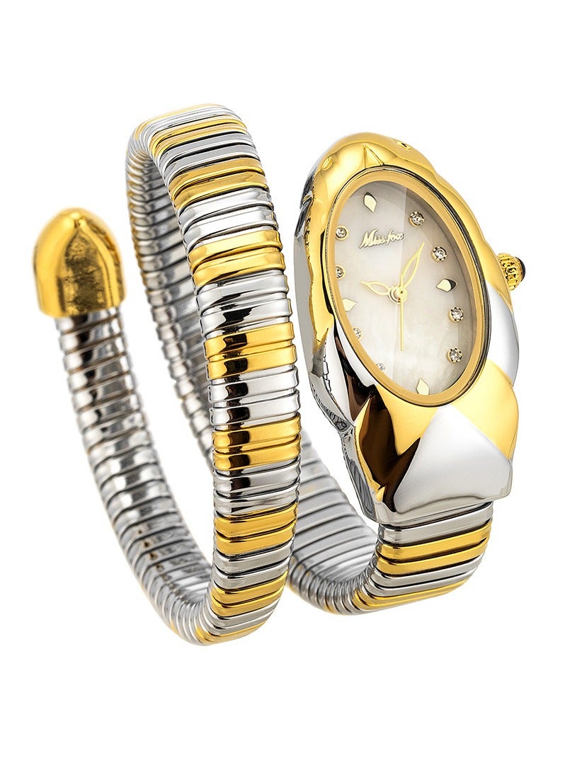 مس_فوكس ساعة نسائية فاخرة بتصميم سوار على شكل ثعبان ملتف، أنيقة وعصرية، كوارتز مقاومة للماء - Image 1