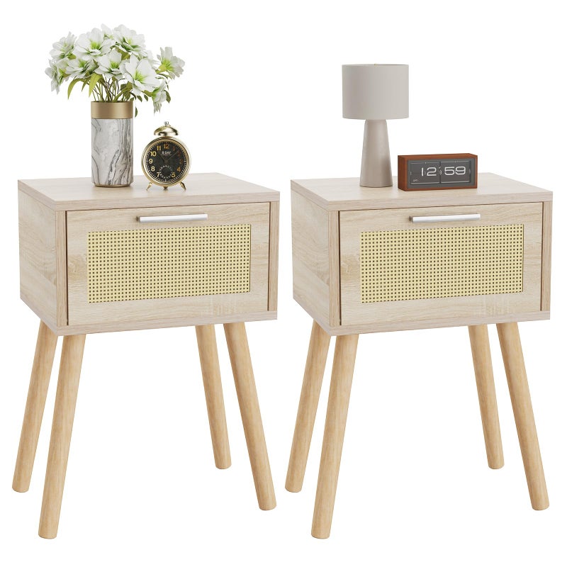 YMYNY Nightstand Set of 2, End Table, Small Bedside Table, Handmade Rattan Decorated Drawer, Solid Wood Legs, Modern Side Table for Bedroom and Small Spaces, Natural UHST010N-2 - Image 1