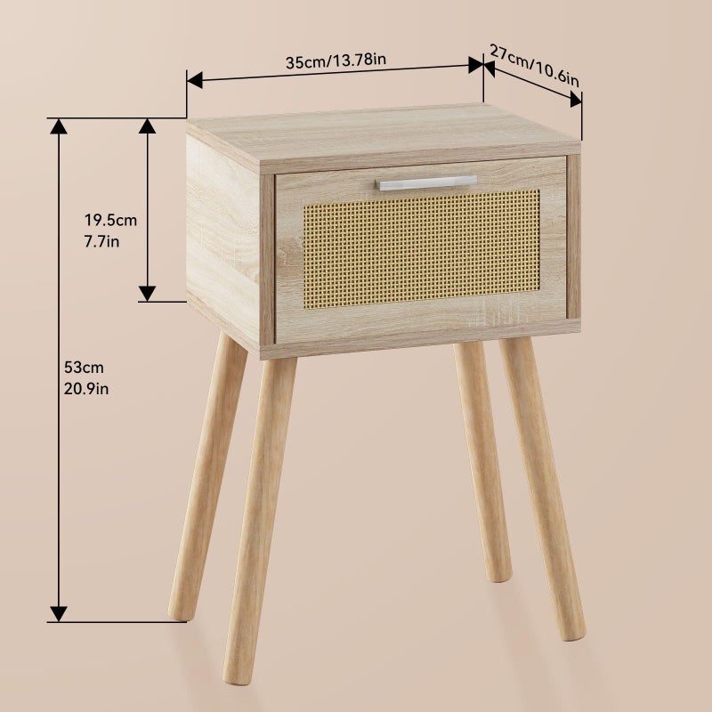 YMYNY Nightstand Set of 2, End Table, Small Bedside Table, Handmade Rattan Decorated Drawer, Solid Wood Legs, Modern Side Table for Bedroom and Small Spaces, Natural UHST010N-2 - Image 5