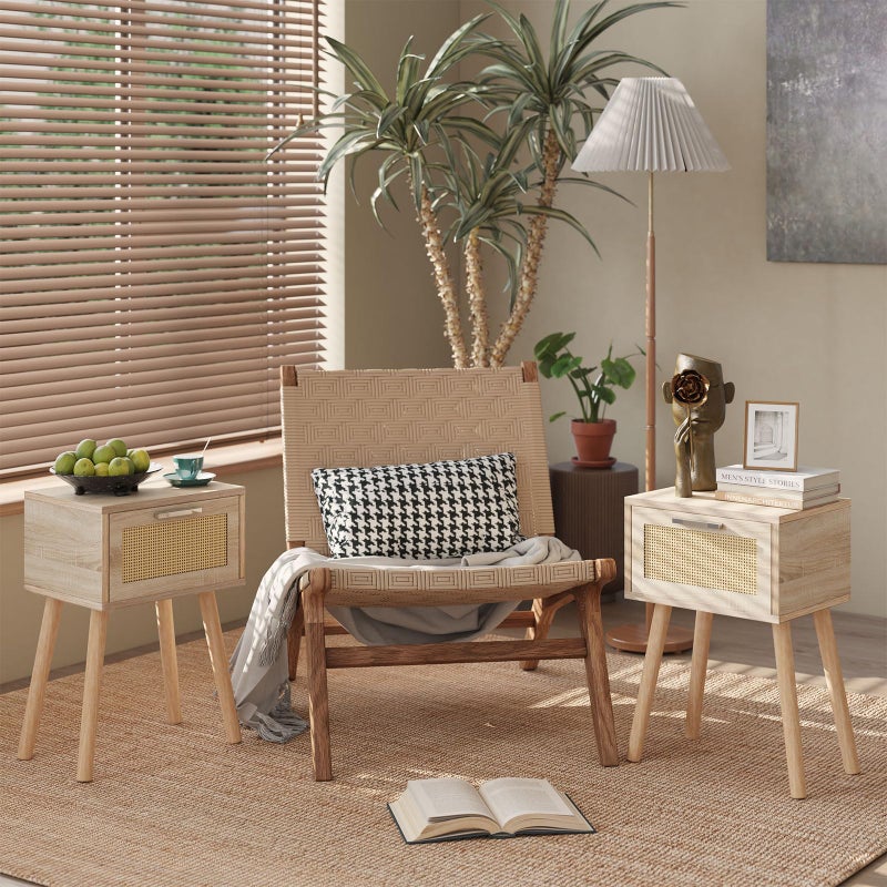 YMYNY Nightstand Set of 2, End Table, Small Bedside Table, Handmade Rattan Decorated Drawer, Solid Wood Legs, Modern Side Table for Bedroom and Small Spaces, Natural UHST010N-2 - Image 2