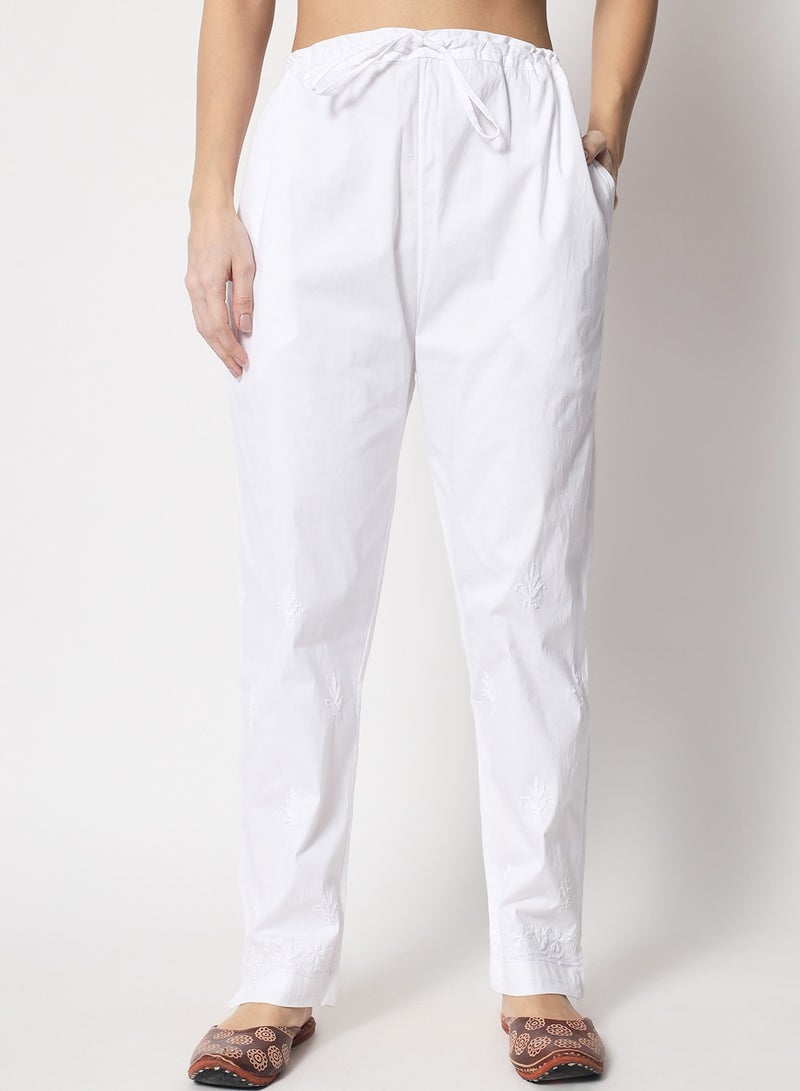 Alaya Hand Embroidered Chikankari Women White Pant-AL3597  - Image 1
