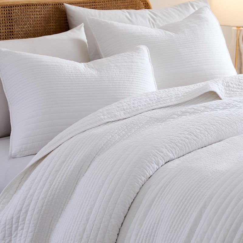 palassio Striped White 100% Cotton Quilt Queen Size Bedding Sets, Lightweight Crinkly Channel Pick Stitch Textured Bedspread Soft Shabby Chic Farmhouse Country Coverlet for All Season, 2 Shams - Image 3