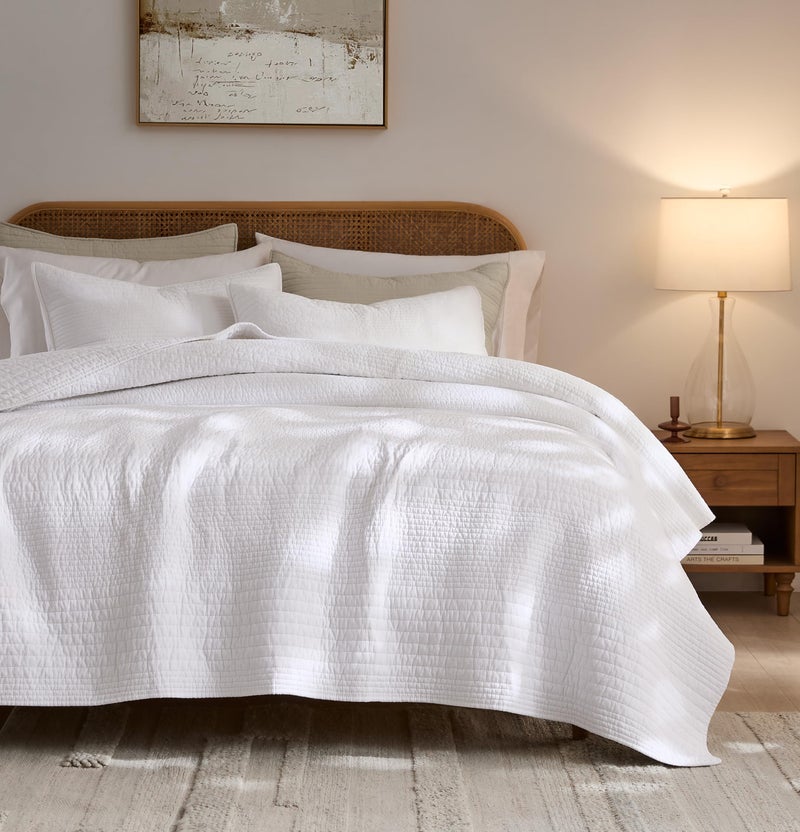 palassio Striped White 100% Cotton Quilt Queen Size Bedding Sets, Lightweight Crinkly Channel Pick Stitch Textured Bedspread Soft Shabby Chic Farmhouse Country Coverlet for All Season, 2 Shams - Image 1