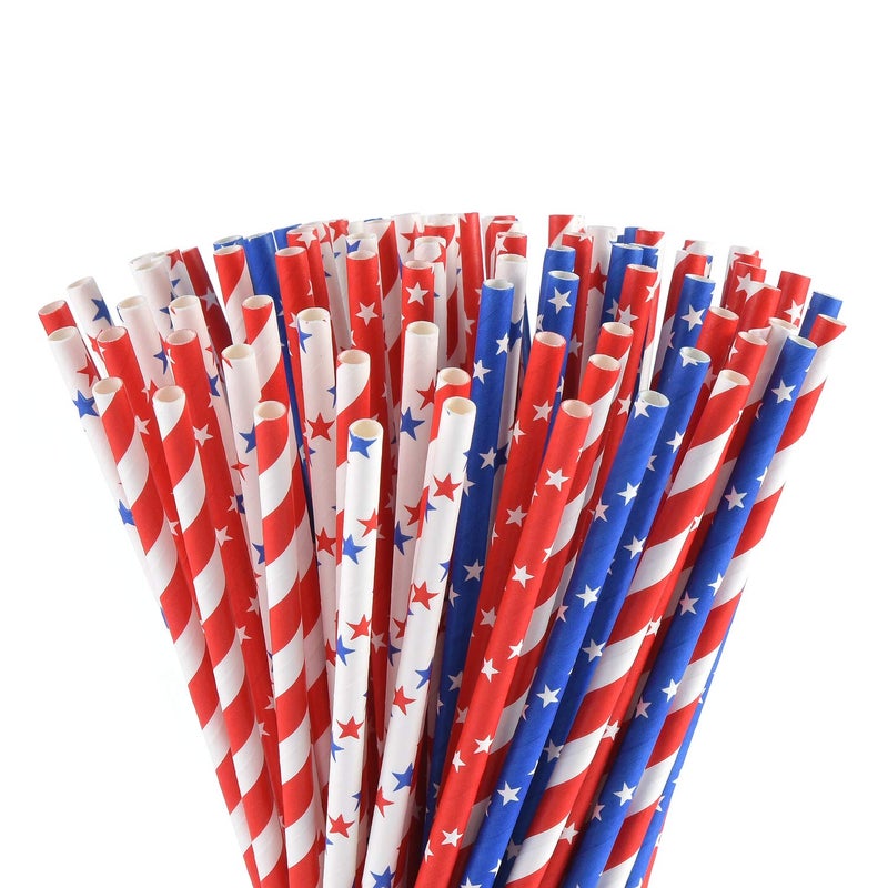 ALINK American Flag Red Blue White Paper Straws  100 Stripe/Star Biodegradable Straws for Memorial Day /4th of July  Super Bowl  Patriotic Party  Americana Themed Party Celebration and Holiday