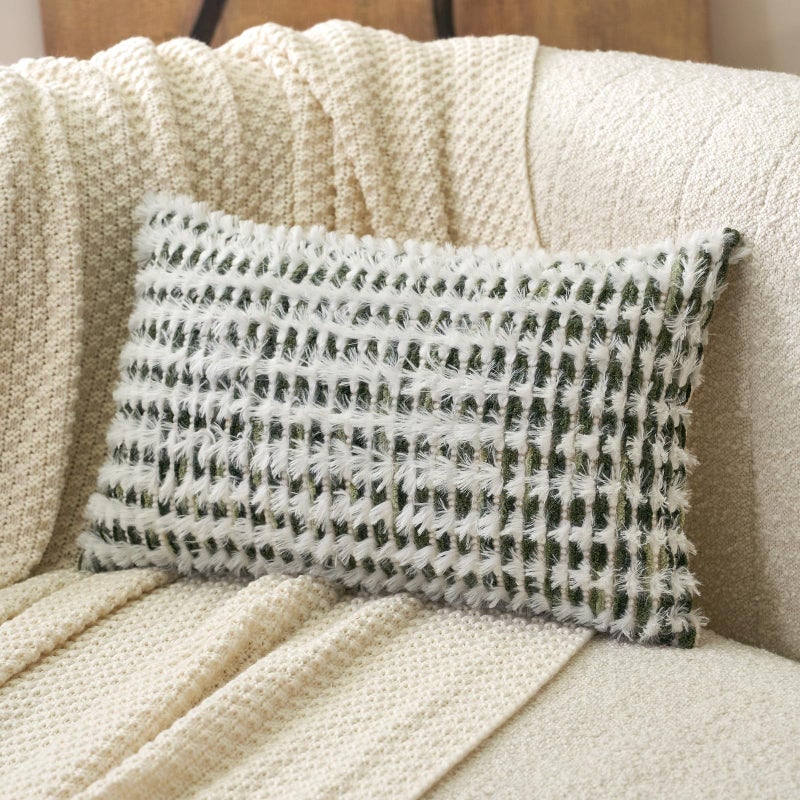 Aeckself Boho Chenille Tufted Pillow Cover 12 x 20 Inch, Rectangle Decorative Lumbar Throw Pillow Cover Neutral Pillowcase for Couch Bedroom Living Room, Green White - Image 1