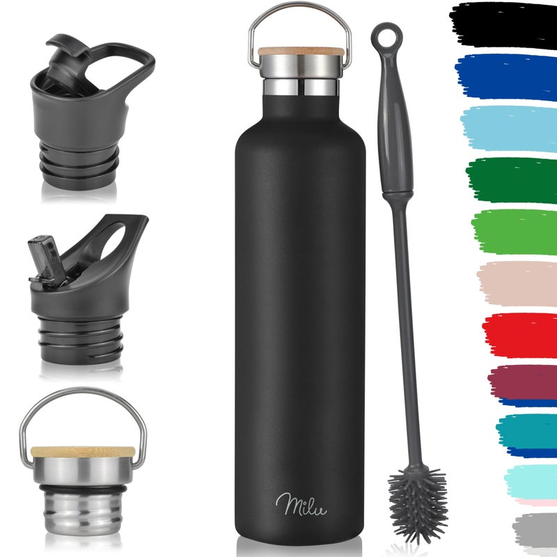Milu Stainless Steel Drinking Bottle 350ml 500ml 750ml 1l 3 Lids  Thermo Bottle with Straw Water Bottle for Hot Cold  Carbonated Drinks Black 1000ml