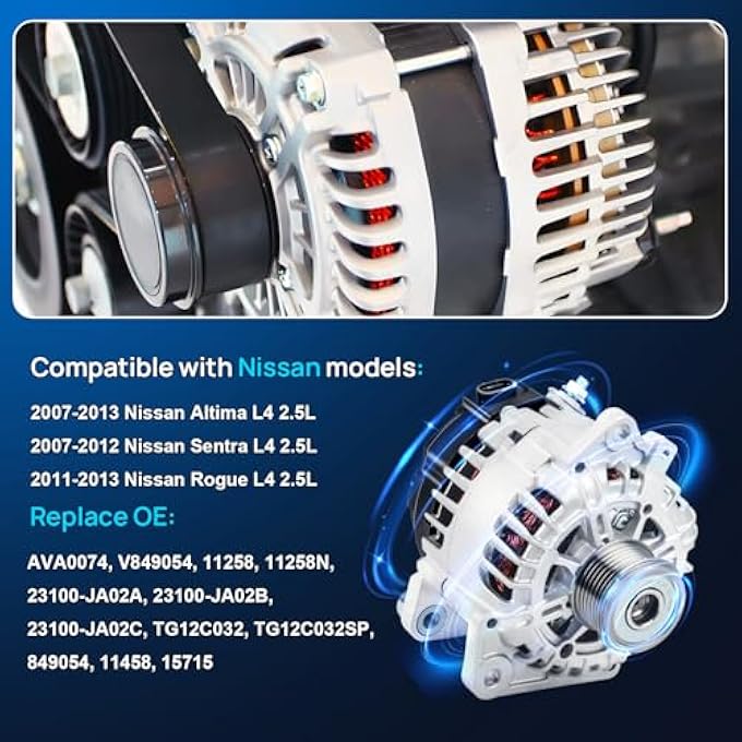 A-NAFTULY New Alternator Replacement for 2007-2013 Nissan Altima L4 2.5L, 2007-2012 Sentra, 2011-2013 Rogue, 110A High Output Alternator Fits for AVA0074, 11258N, 11258, 23100-JA02A, 23100-JA02B - Image 2
