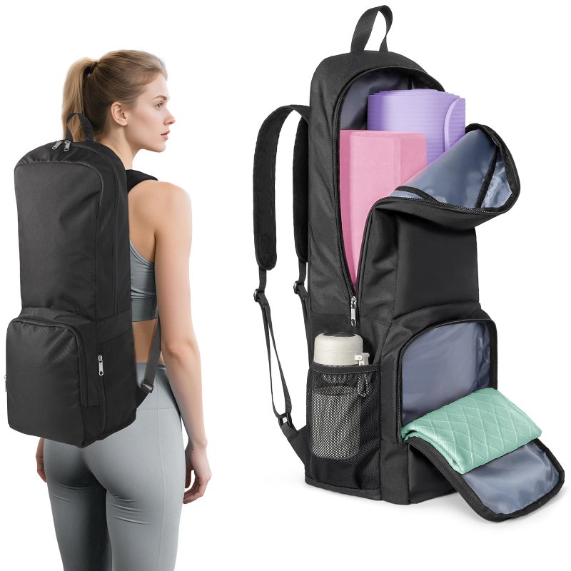 Tangoner Yoga Mat Bag Carrier Zipper Closure Multi Functional Essential Pockets Exercise Yoga Mat Holder Backpack Black - Image 2