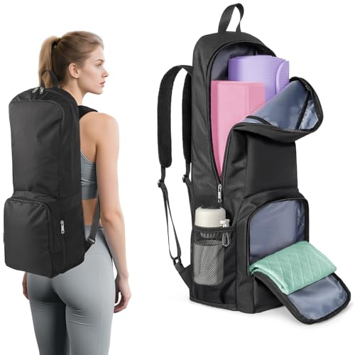 Tangoner Yoga Mat Bag Carrier Zipper Closure Multi Functional Essential Pockets Exercise Yoga Mat Holder Backpack Black - Image 1
