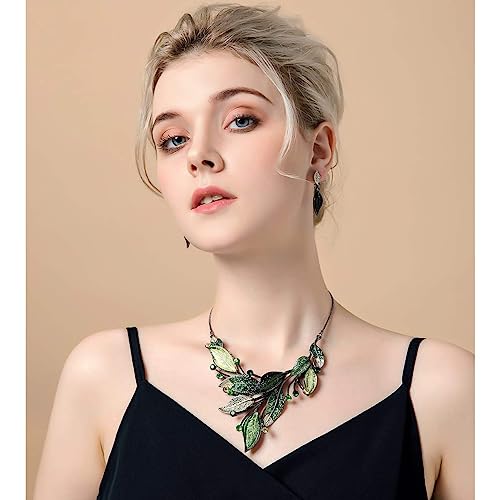 AMYJANE Vintage Statement Necklace Set - Spring Green Leaf Floral Crystal Rhinestone Plant Statement Jewelry Set Fashion Bib Jewelry for Women Wedding Prom Party Elegant Accessories - Image 2