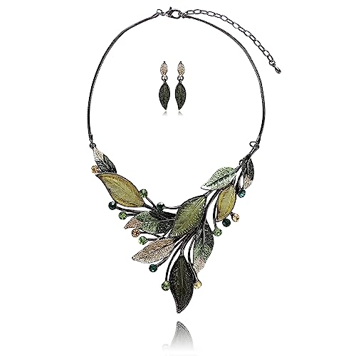 AMYJANE Vintage Statement Necklace Set - Spring Green Leaf Floral Crystal Rhinestone Plant Statement Jewelry Set Fashion Bib Jewelry for Women Wedding Prom Party Elegant Accessories - Image 1