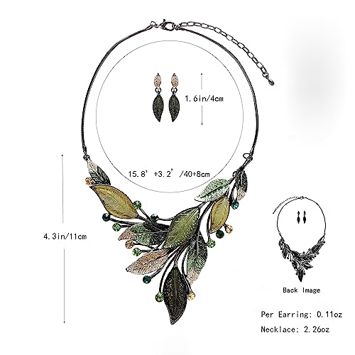 AMYJANE Vintage Statement Necklace Set - Spring Green Leaf Floral Crystal Rhinestone Plant Statement Jewelry Set Fashion Bib Jewelry for Women Wedding Prom Party Elegant Accessories - Image 3
