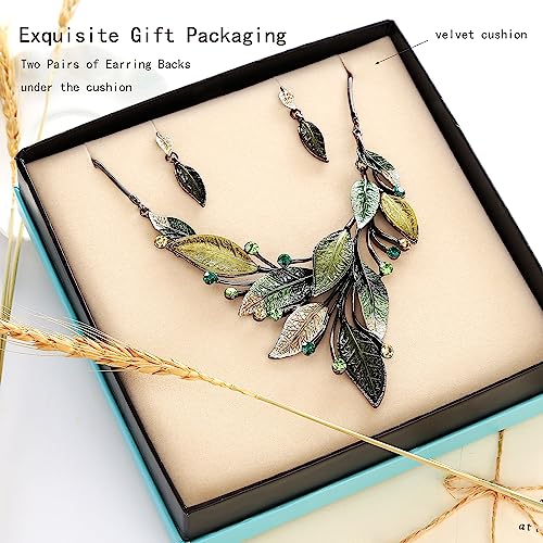 AMYJANE Vintage Statement Necklace Set - Spring Green Leaf Floral Crystal Rhinestone Plant Statement Jewelry Set Fashion Bib Jewelry for Women Wedding Prom Party Elegant Accessories - Image 4