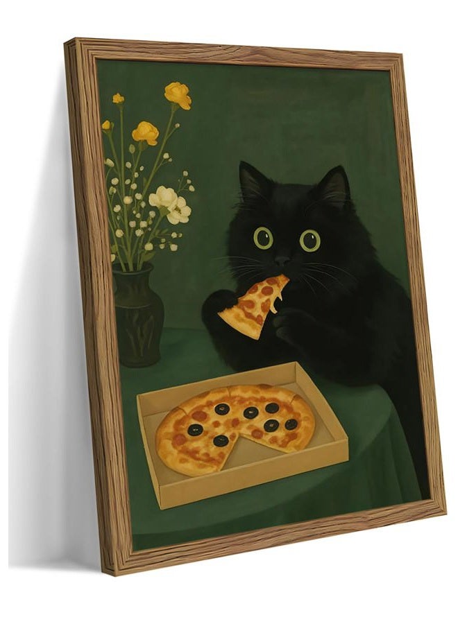 AKWISH Framed Black Cat Wall Art, Cute The Cat Eating Pizza Canvas, Funny Kitchen Pictures Decor, Playful Food Lover Prints Artwork, Whimsical Animal Wall Decor for Kitchen Dining Room – 8x10 inch - Image 1