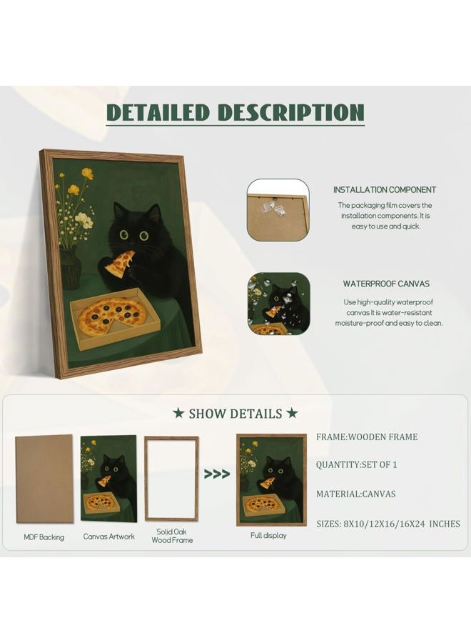 AKWISH Framed Black Cat Wall Art, Cute The Cat Eating Pizza Canvas, Funny Kitchen Pictures Decor, Playful Food Lover Prints Artwork, Whimsical Animal Wall Decor for Kitchen Dining Room – 8x10 inch - Image 5