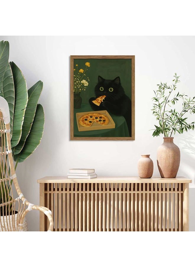 AKWISH Framed Black Cat Wall Art, Cute The Cat Eating Pizza Canvas, Funny Kitchen Pictures Decor, Playful Food Lover Prints Artwork, Whimsical Animal Wall Decor for Kitchen Dining Room – 8x10 inch - Image 4