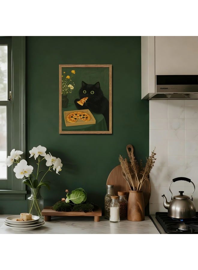 AKWISH Framed Black Cat Wall Art, Cute The Cat Eating Pizza Canvas, Funny Kitchen Pictures Decor, Playful Food Lover Prints Artwork, Whimsical Animal Wall Decor for Kitchen Dining Room – 8x10 inch - Image 2