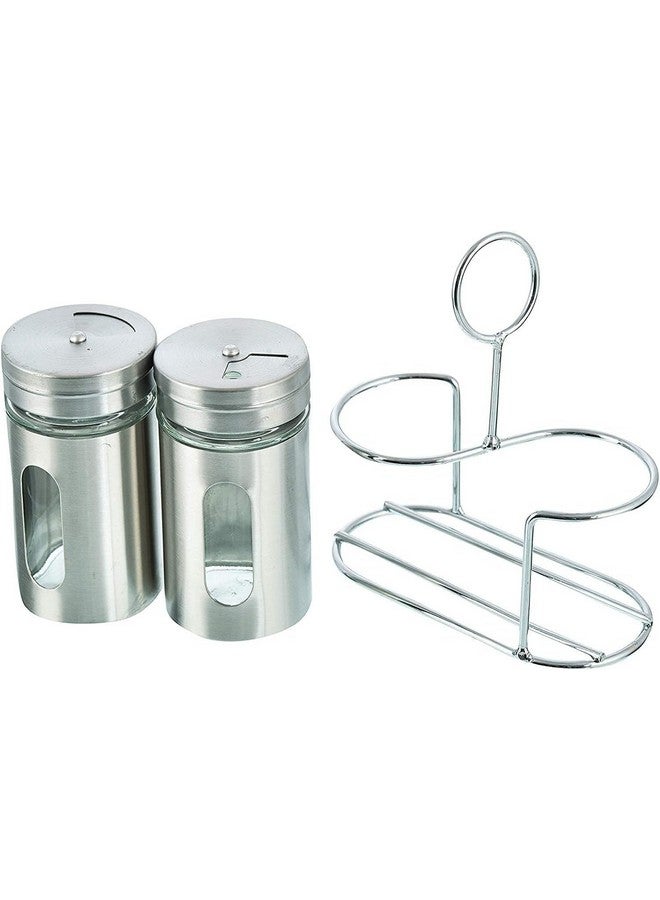 RJ kitchenware Store Spice Jar Stainless Steel & Glass With Holder Stand (Set of 2)-Salt & Pepper Shaker, Oregano,Chilli Flakes, Sugar, Seasoning Sprinkler | Dining Table Masala Box Dabbi - Image 2