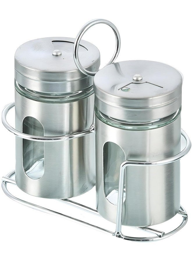 RJ kitchenware Store Spice Jar Stainless Steel & Glass With Holder Stand (Set of 2)-Salt & Pepper Shaker, Oregano,Chilli Flakes, Sugar, Seasoning Sprinkler | Dining Table Masala Box Dabbi - Image 1