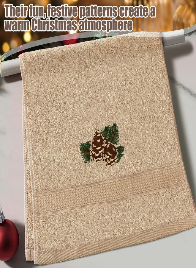 FuWeave فوويف، 3 قطع، مناشف يد مزينة بأقماع الصنوبر، بنمط ريفي لعيد الميلاد، مصنوعة من القطن الناعم المطرز، ديكور حمام، منشفة حمام مزخرفة بفرع صنوبر أخضر، مناسبة للكابينة - Image 3