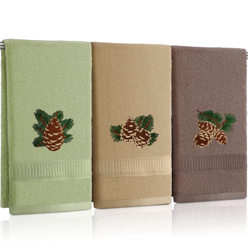 FuWeave فوويف، 3 قطع، مناشف يد مزينة بأقماع الصنوبر، بنمط ريفي لعيد الميلاد، مصنوعة من القطن الناعم المطرز، ديكور حمام، منشفة حمام مزخرفة بفرع صنوبر أخضر، مناسبة للكابينة - Image 1