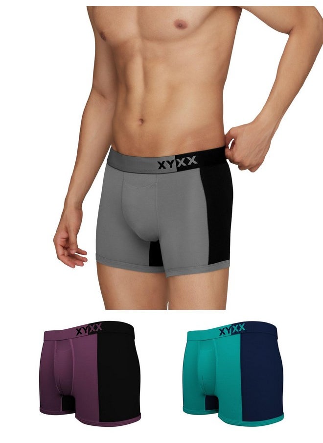 XYXX XYXX Men Micro Modal Trunk, Relaxed Fit, Colorblock, Pack of 3, XYTRNK3PCKN816L, Steel Grey & Black + Navigate & Black Iris + Grape Wine & Black, L  - Image 1