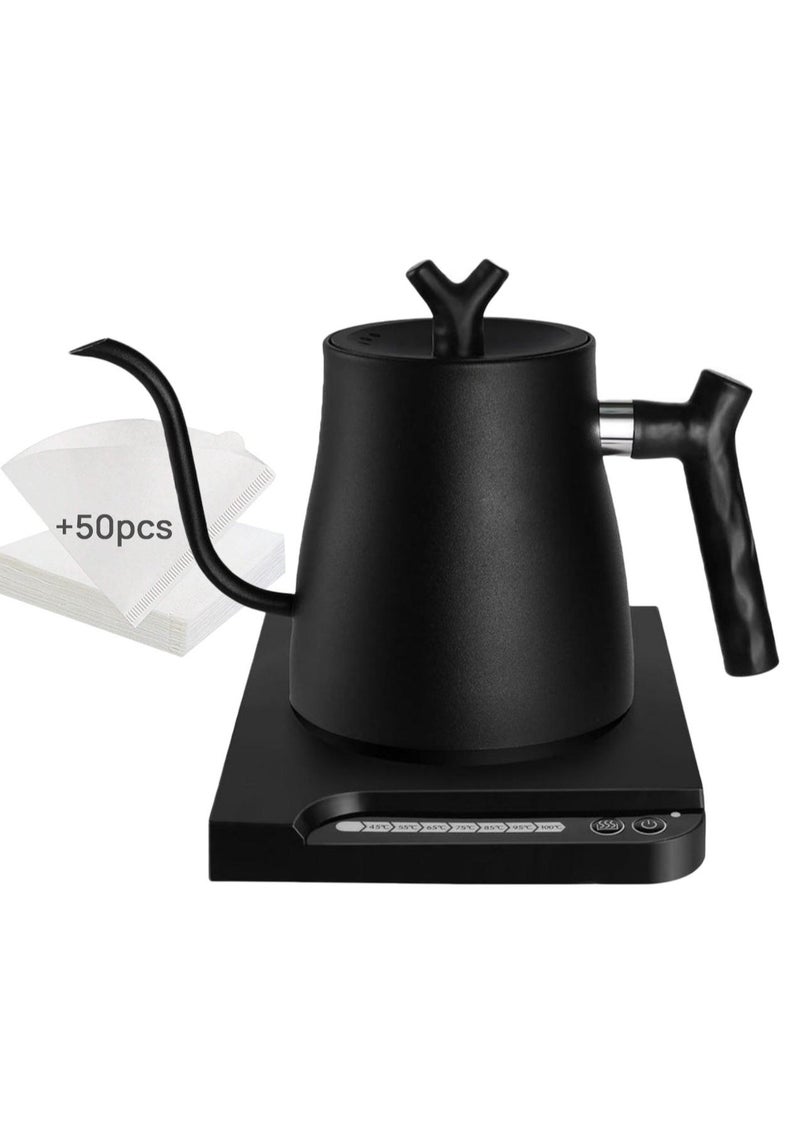 DSP Electric Gooseneck Kettle 1000ML 1000W Power with 7 Temperature Settings Suitable for Hand Pour Kettle and Tea 304 Stainless Steel with Size 02 V60 Coffee Paper Filter White 50pcs for Home Office Restaurant - Image 1