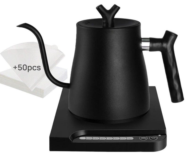 دي اس بي غلاية كهربائية على شكل عنق الإوزة 1000 مل بقوة 1000 وات مع 7 إعدادات لدرجة الحرارة مناسبة لغلاية الصب اليدوي والشاي مصنوعة من الفولاذ المقاوم للصدأ 304 مع فلتر ورقي للقهوة مقاس 02 V60 أبيض 50 قطعة للمنزل والمكتب والمطعم - Image 1