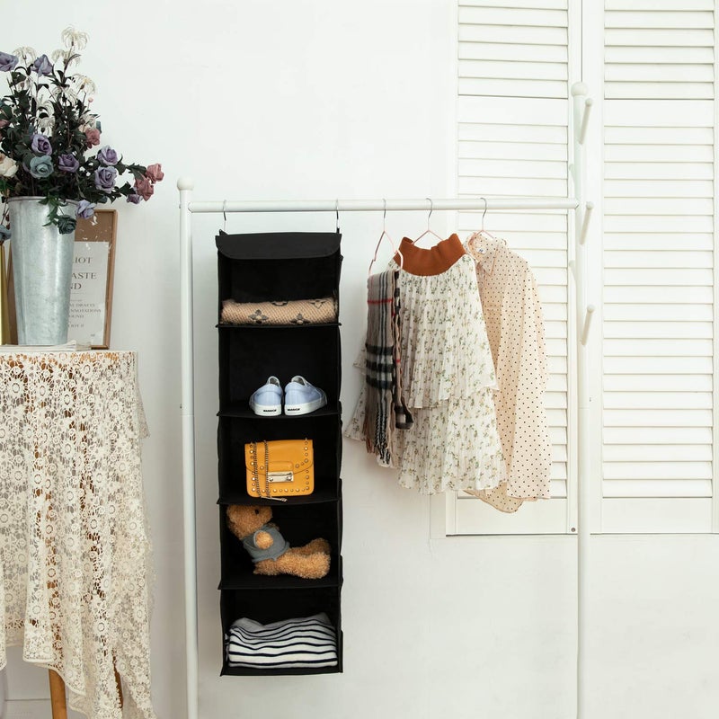 BrilliantJo 2 Pack Hanging Closet Organizer, 5 Shelves Hanging Storage with 6 Side Pockets for Clothes Shoes, 43"x12"x12"(Black) - Image 3