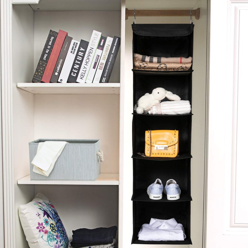 BrilliantJo 2 Pack Hanging Closet Organizer, 5 Shelves Hanging Storage with 6 Side Pockets for Clothes Shoes, 43"x12"x12"(Black) - Image 4