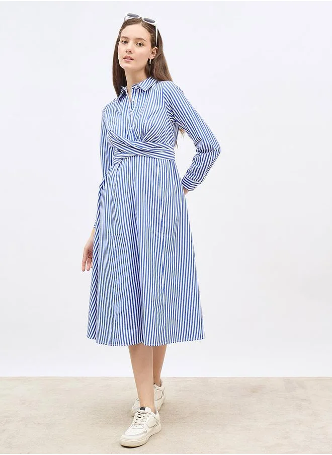 ستايلي Styli Striped Collared Long Sleeve Midi Dress