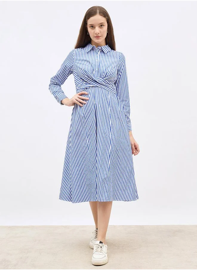 ستايلي Styli Striped Collared Long Sleeve Midi Dress