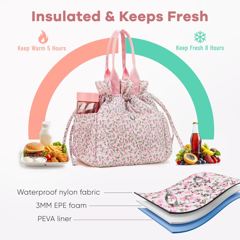 Yarnic Lunch Bag Women Insulated Lunch Bags,Cute Floral Reusable Lunch Box Stain-Resistant Lunchbox with Water Bottle Holder for Adult (Pink Flower) - Image 3