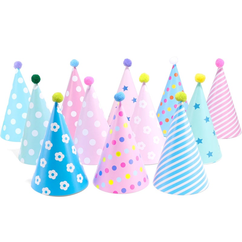 CANREVEL 12 PCS Party Hats with Pom Poms for Adults, Party Supplies for Party Decorations, Happy Birthday Hats for Party Headwear, Cone Hats in 12 Designs for Women Men - Image 1