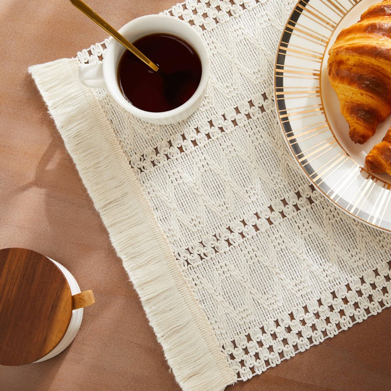 ZeeMart Macrame Style Boho Placemats Set of 4, Ivory Decorative Natural Farmhouse Cotton Woven Place Mats Home Decor for Kitchen Dining Table - Image 1