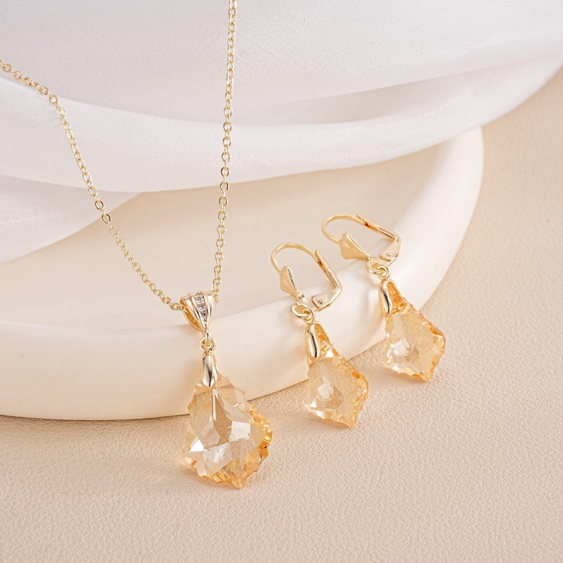 EVEVIC Austrian Crystals Baroque Pendant Necklace Earrings for Women 14K Gold Plated Hypoallergenic Leverback Drop Dangle Earrings Jewelry Set (Light Topaz) - Image 4
