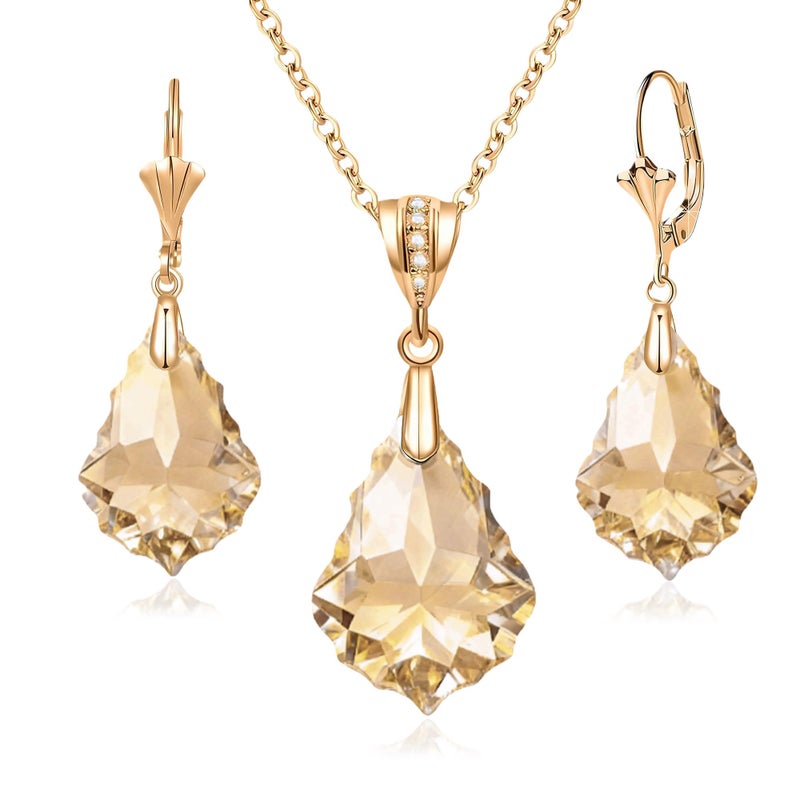 EVEVIC Austrian Crystals Baroque Pendant Necklace Earrings for Women 14K Gold Plated Hypoallergenic Leverback Drop Dangle Earrings Jewelry Set (Light Topaz) - Image 1