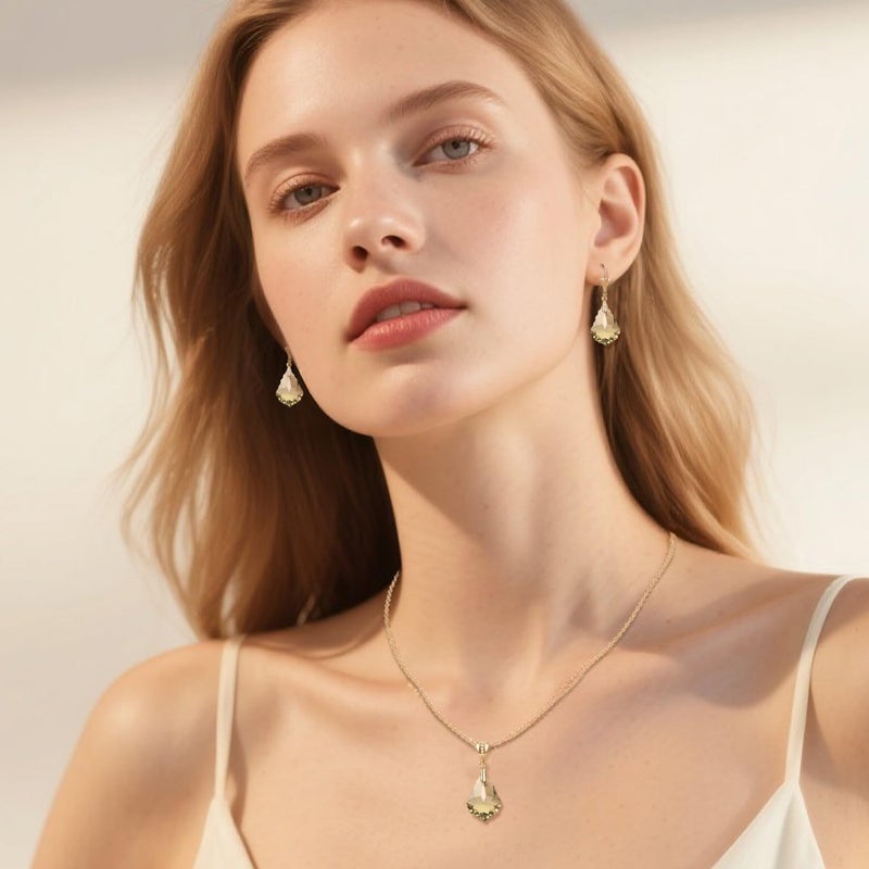 EVEVIC Austrian Crystals Baroque Pendant Necklace Earrings for Women 14K Gold Plated Hypoallergenic Leverback Drop Dangle Earrings Jewelry Set (Light Topaz) - Image 2