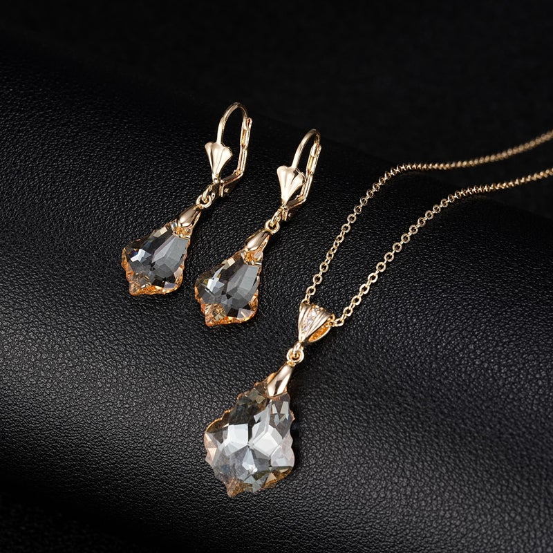 EVEVIC Austrian Crystals Baroque Pendant Necklace Earrings for Women 14K Gold Plated Hypoallergenic Leverback Drop Dangle Earrings Jewelry Set (Light Topaz) - Image 5