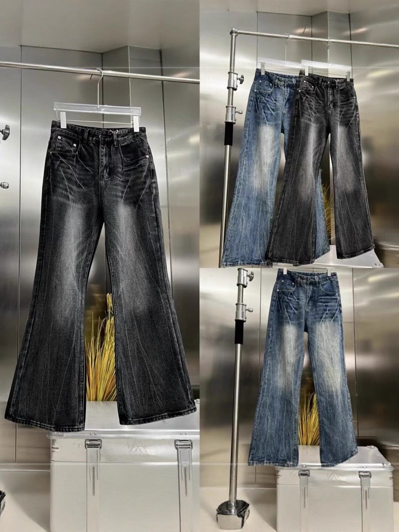 American Washed Lightning Crack Blue Jeans New Trendy Brand Loose Wide-Leg Straight Pants Trendy Men And Women - Image 2