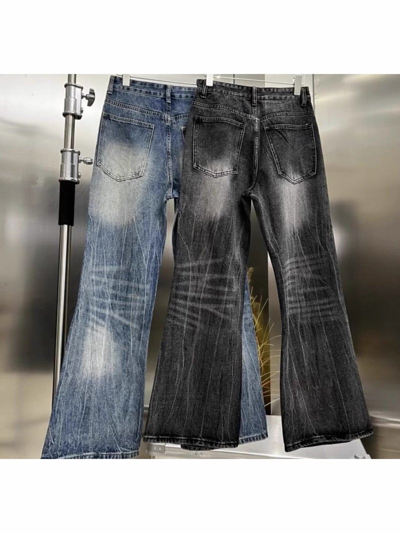 American Washed Lightning Crack Blue Jeans New Trendy Brand Loose Wide-Leg Straight Pants Trendy Men And Women - Image 4