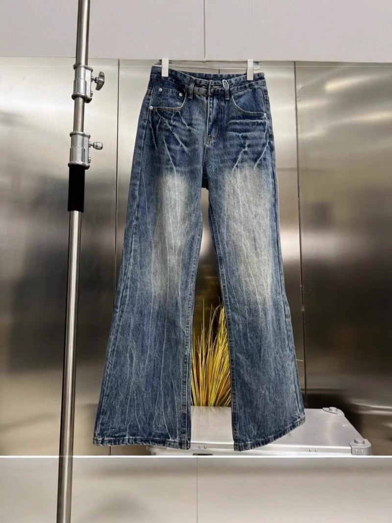 American Washed Lightning Crack Blue Jeans New Trendy Brand Loose Wide-Leg Straight Pants Trendy Men And Women - Image 3