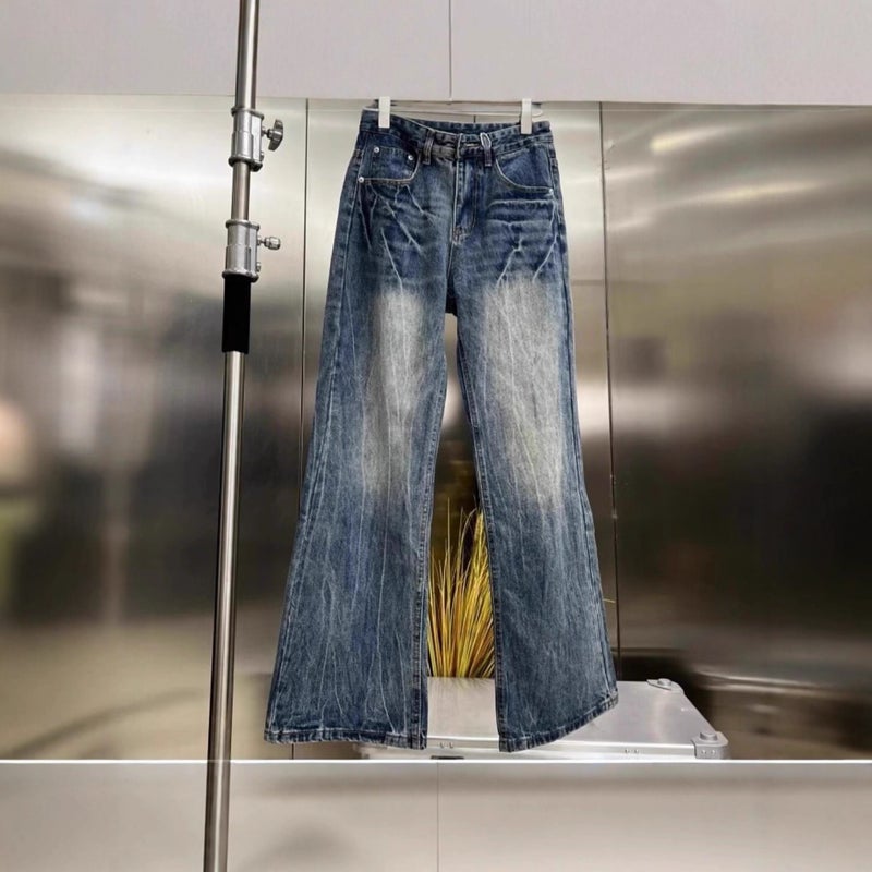 American Washed Lightning Crack Blue Jeans New Trendy Brand Loose Wide-Leg Straight Pants Trendy Men And Women - Image 1