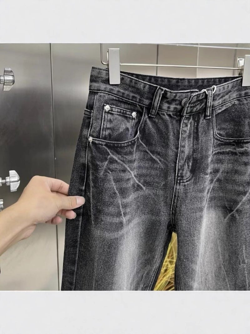 American Washed Lightning Crack Blue Jeans New Trendy Brand Loose Wide-Leg Straight Pants Trendy Men And Women - Image 5