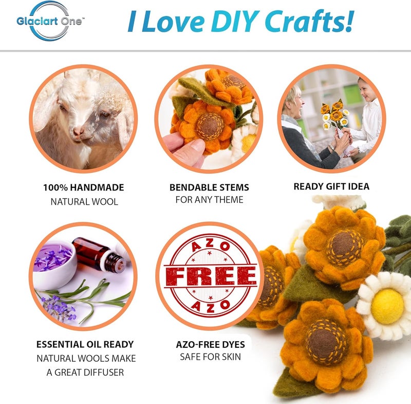 Glaciart One Felt Sunflower and Daisy Artificial Bouquet | Reusable, Washable and Essential Oil Ready Multi Color Artificial Flowers w/Bendable Wire Stems | Great Gift or Home/Event Decorations - Image 2