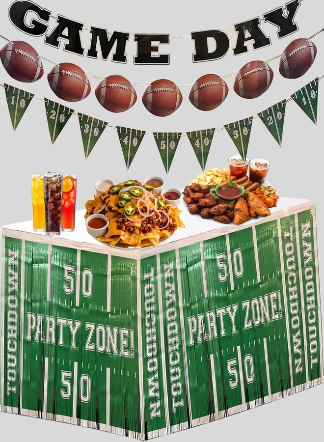 BASHOUT 3 Pack Football Party Zone Metallic Fringe Table Skirt, Green and White, 50 Yard Line Design, Game Day Decoration, Footbale Table Decoration - Image 2