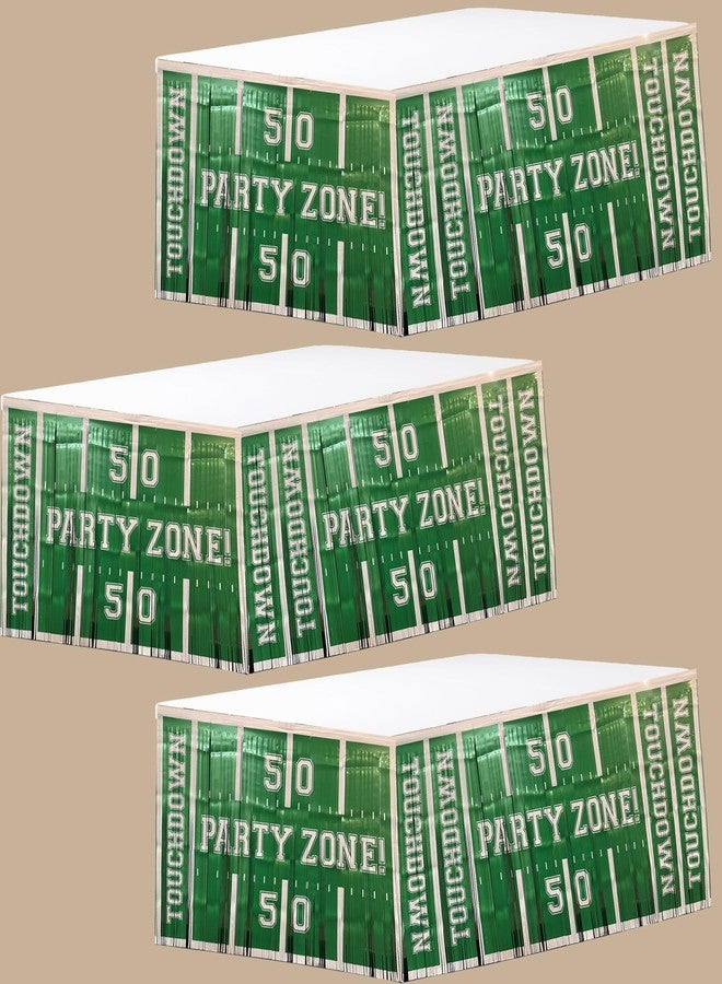 BASHOUT 3 Pack Football Party Zone Metallic Fringe Table Skirt, Green and White, 50 Yard Line Design, Game Day Decoration, Footbale Table Decoration - Image 1